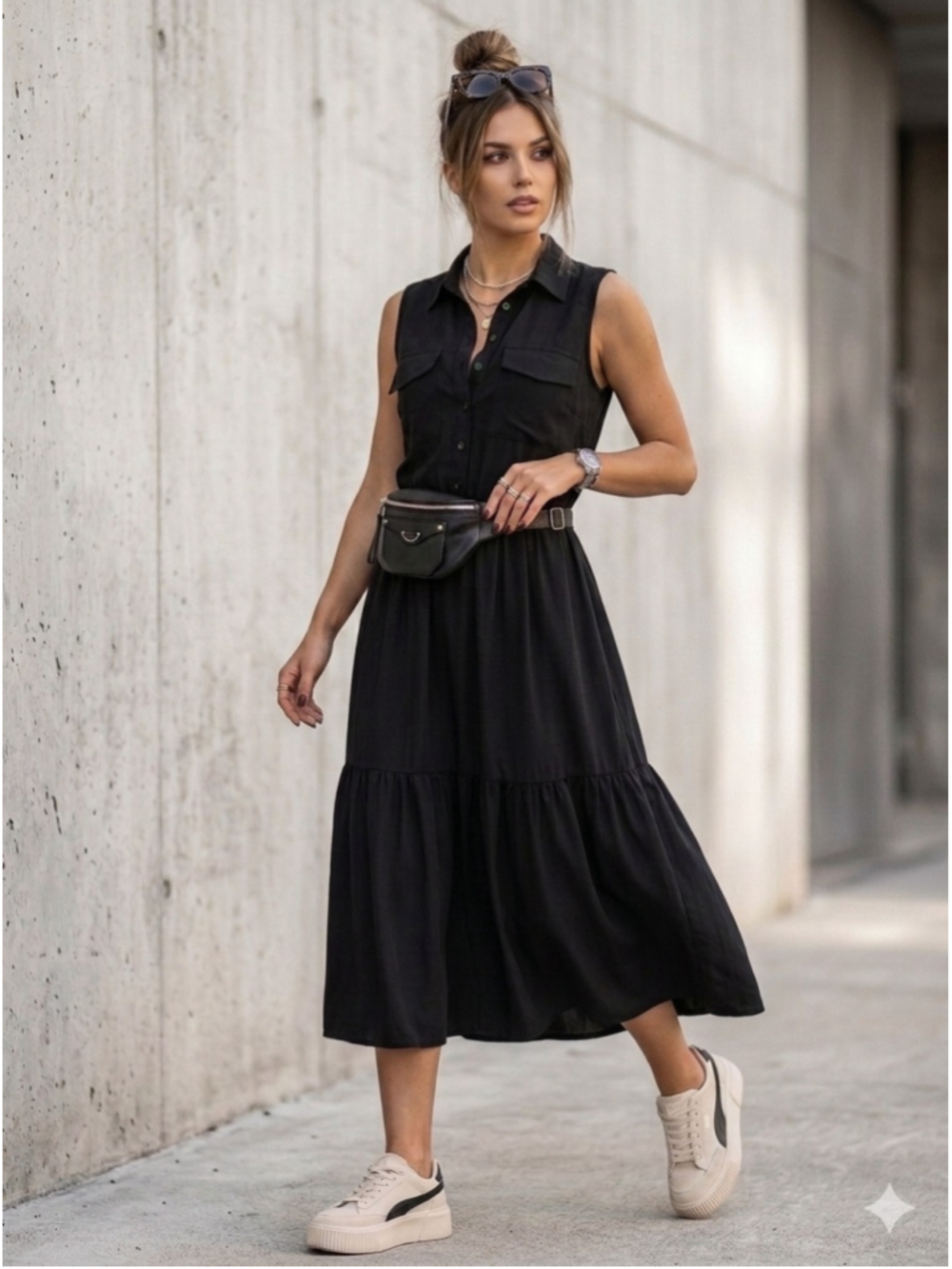 Women's Contemporaine Black Sleeveless Midi Shirt Dress Size S. 1937